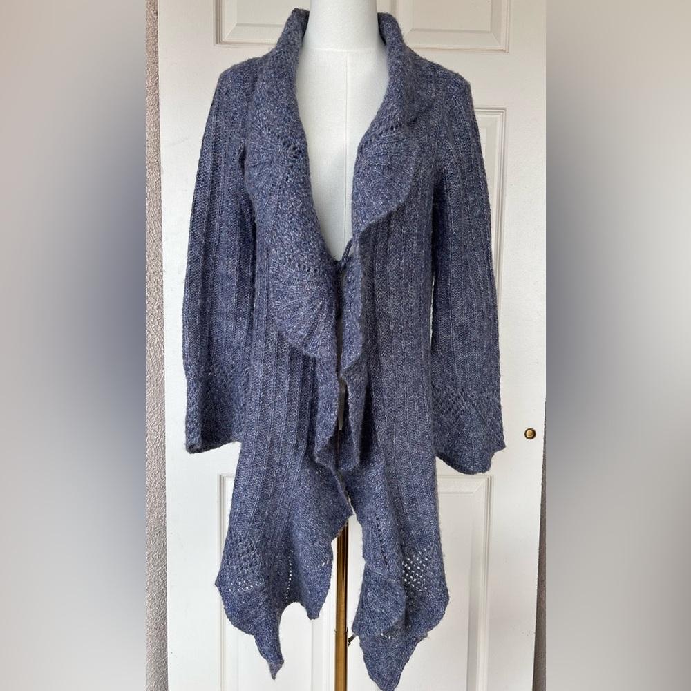 Sarah Spencer Long Tie Front Wool/Mohair Cardigan Scalloped Lapel‎ Size Medium